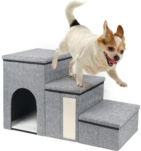 Petizer Scala Pieghevole per Cani di Piccola Taglia e Gatti - Con Scatola Portaoggetti e Condominio, Gradini Regolabili in Altezza per Divano/Letto, Rampa Antiscivolo