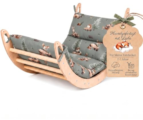 WoodsCraft Kletterbogen mit Kissen - Holz Klettergerüst Indoor - Hypoallergen Kissen für Kletterbogen, Holzwippe, Bogenwippe - Montessori Kletterspielzeug - Baby Klettern Indoor - Wippe Kinder