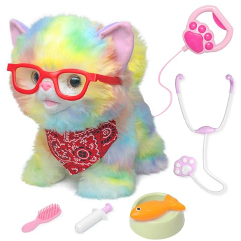 YH YUHUNG Gato de Juguete teledirigido Que Camina, maúlla y Mueve la Cola, Sensor táctil/Voz, Set de Juego Veterinario, 3×AAA no Incluidas, 3+