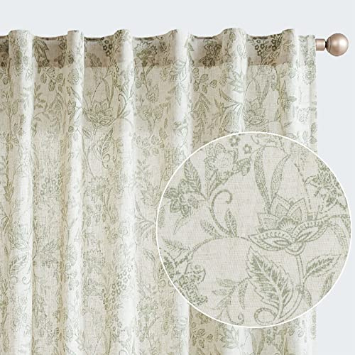 TOPICK Floral Gardinen Leinenoptik Vorhänge 2er Set Grün Beige H210xB140 | Lichtdurchlässig Gardinen Wohnzimmer boho landhausstil blickdicht Vorhänge Schlafzimmer mit Tunnel und verdeckten schlaufen