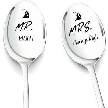 Hochzeitsgeschenke für Brautpaar, 2 Stücke Müslilöffel mit Gravur-Mr. Right & Mrs. Always Right, Lustige Hochzeitstag Jahrestag Geschenke für Partner, kleines Verlobungsgeschenk für Ihn Sie