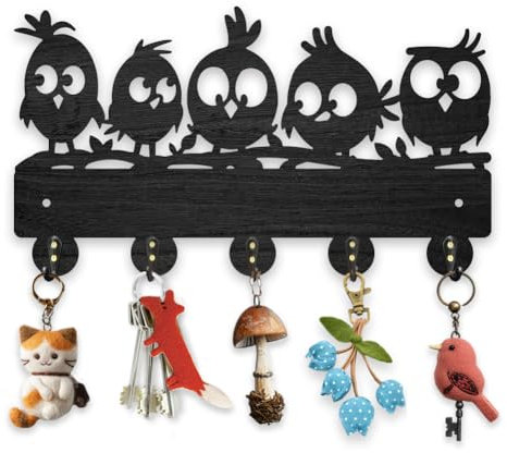 MAYJOYDIY Porte Clés Mural en Forme D'Oiseaux en Bois 30x17cm Éléments D'Oiseaux Boite a Clefs Murale de Rangement Noir Mur Avec 5 Crochets en Alliage pour Porte D'Entrée Couloir Organisateur