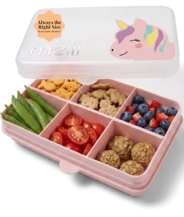 melii Mini boîte à goûter – 6 compartiments, récipient à collation divisé, stockage des aliments pour enfants et adultes, séparateurs amovibles, loisirs créatifs, perles, sans BPA, licorne