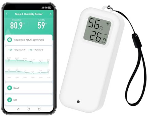 Termometro Igrometro Intelligente Digitale, Sensore di Temperatura e Umidità WiFi con Fodera Magnetica Autoadesiva, Sensore di Temperatura di Calibrazione con Notifiche dell'App.Compatibile Alexa.1PCS