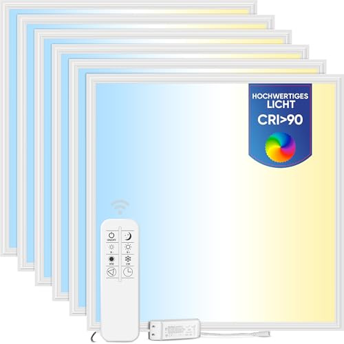 LECOM 6x LED Panel 62x62 Dimmbar CRI90 Fernbedienung Rasterleuchte Flach | LED Deckenleuchte 3000–6000K, Lichtfarbe einstellbar. Treu Farbwiedergabe für anspruchsvolle Räume: Showroom, Galerie, Salon.