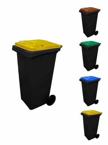Jardin202 - Contenedor de basura reciclables Ecodiseño 120L 2 ruedas | 120 L + Bolsas (TAPA AMARILLA)
