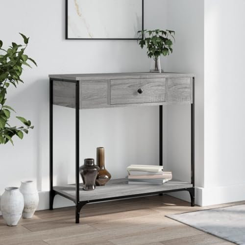 Higsose Flur Konsolentisch mit Schublade 75x34,5x75 cm Telefontisch Holz Couchtisch Wohnzimmertisch mit Schublade Sideboard Klassischer Stil Holzwerkstoff Grau Sonoma