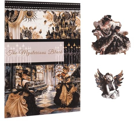 Lychii 20 Bögen Scrapbooking-Aufkleber in mittelalterlicher Schwarz-Gold-Optik, Premium Journaling-Zubehör für Karten, Collagen & Planer