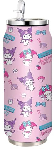 HOOKTA Kuromi Edelstahl Wasserflasche 500 ml Hochklappbare Sport flaschen aus Edelstahl mit Strohhalm Wiederverwendbarer Getränkebecher für Reisen Sport (GOOD LUCK)