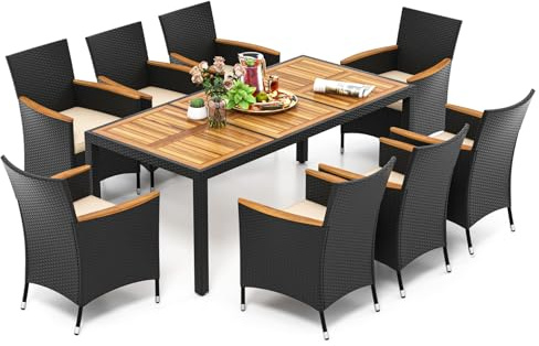 COSTWAY Set Pranzo da Giardino 9 Pezzi in Rattan PE | Set da Giardino con 1 Tavolo e 8 Sedie con Cuscini, Tavolo da Esterno con Piano in Legno di Acacia e Foro per Ombrellone