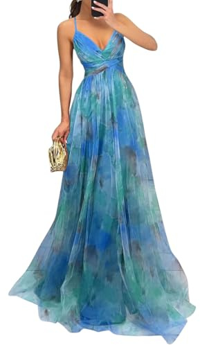 shownicer Vestito Donna Elegante Abito Cerimonia Vestito Lungo Estivi Scollo a V Senza Maniche Vestiti Stampa Floreale A Blu XL