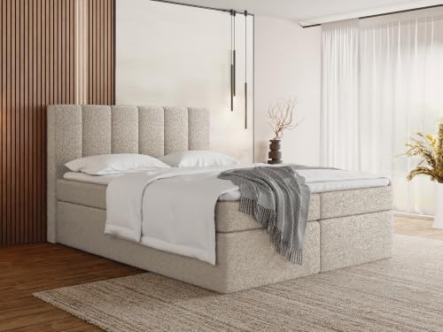 WFL GROUP Lit Boxspring 140x200 Complet avec Matelas, Surmatelas, Tête De Lit - Double Adulte, Coffre avec Rangement - Capitonné Crème en Tissu Bouclette - Amira - Beige