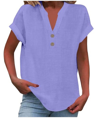 Top estivo da donna 2025 alla moda in cotone e lino a maniche corte camicie con scollo a V casual vestibilità ampia con bottoni camicette abiti