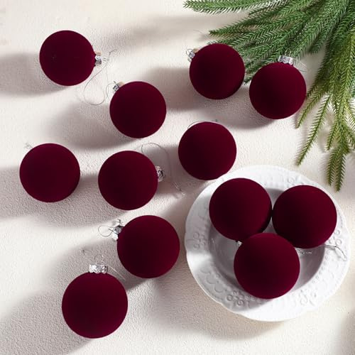 Sosation 12 Pcs 3.14 Burgundy Wine Red Large Glass Velvet Christmas Ball Ornaments Glass Flocked Christmas Tree Ball Ornaments Xmas Balls Set for Holiday Wedding Xmas Tree Decor