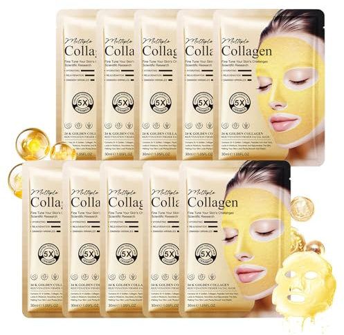 24k Gold Gesichtsmaske 10PCS, Kollagen Maske Luxus Anti-Aging Pflege, Anti Wrinkle Face Mask, Hydrating Gesichtsmasken, Bio Kollagen Maske, Gesichtsmaske Gold, Für strahlende, jugendliche Haut