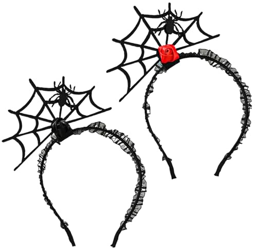 BaiDekun 2er Set Karneval Haarreif mit Spinnennetz & Rot/Schwarzer Rose – Festlicher Gothic-Kopfschmuck für Damen bei Fasching, Maskerade & Themenpartys – Perfekt für Paare oder Gruppenoutfits