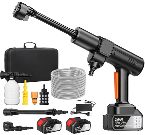 Rondella ad alta pressione a batteria, 200 bar, 21 V, con batteria da 3000 mAh, ugello 6 in 1, tubo da 5 m, idropulitrice portatile con display LCD per auto e prato, terrazza (nero con 1 batteria)