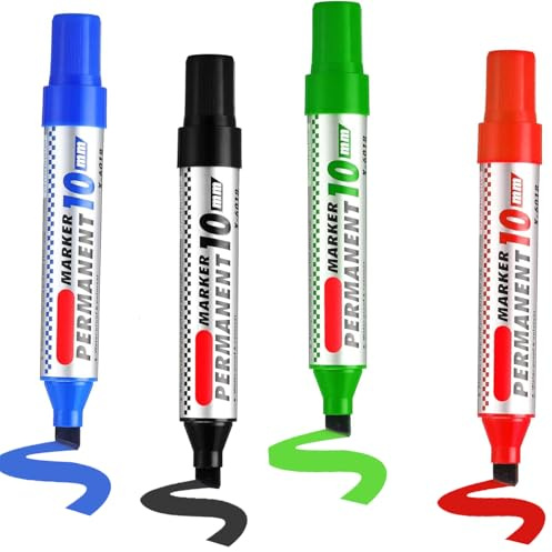 WUBAYI 4 marcadores permanentes, secado rápido, impermeable y a prueba de manchas, para vidrio, plástico, metal y madera, punta de cuña de 3 a 10 mm para marcado audaz y preciso