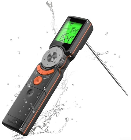 Thermomètre de cuisine intelligent avec sonde pliable et minuteur, étanche IP65, lectures en 3 secondes ± 1 °C, préréglé pour bœuf/agneau/dinde/porc/poulet (orange)