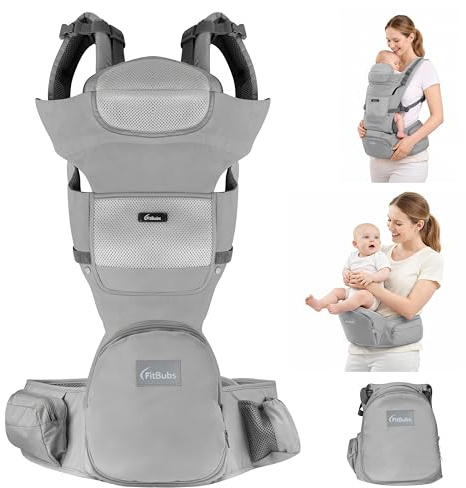 FitBubs Babytrage für Neugeborene ab Geburt, 2-in-1 Babytrage mit Hüftsitz, Geeignet für 3–36 Monate, 3–20 kg, Ergonomische Tragehilfe für Babys und Kleinkinder, Atmungsaktiv, Hellgrau