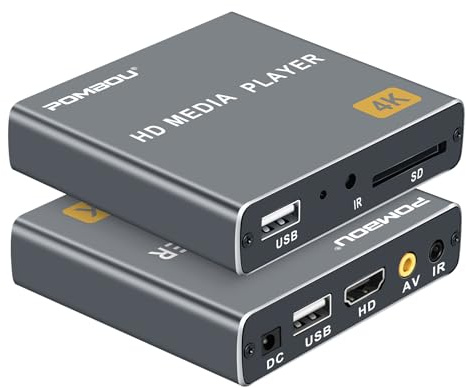 POMBOU 4K Full HD Digital Media Player for USB Drives/SD Cards | Plug & Play, Analog AV/HDMI Output, Auto Play Looping, Support Digital Signage TV Projector, H.265/HEVC MP4 MKV Photo MP3