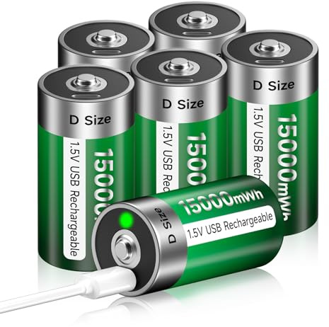 Batería USB D recargable de litio/15000 mWh – 1,5 V Mono D celdas pilas recargables Baterías Carga rápida en 4 horas con cable de carga tipo C, protección contra sobrecarga (6 unidades)