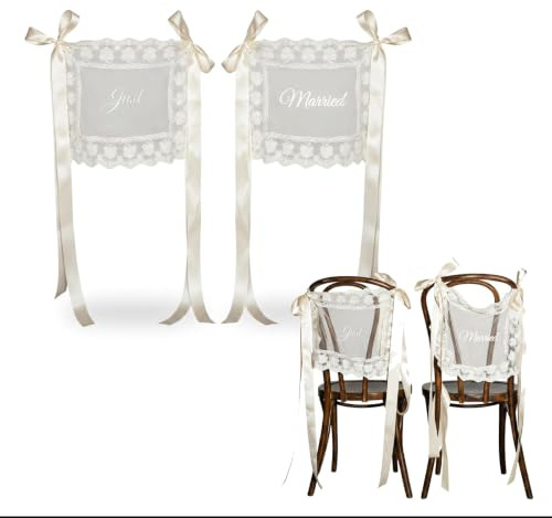Cuxawamiyo Stuhl Deko Hochzeit Brautpaar 2 Stück, Just Married Girlande mit Spitze, Sitzplan Hochzeit Schild für Sweetheart Table