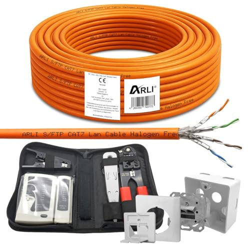 ARLI CAT 7 50m Verlegekabel Netzwerkkabel CAT.7 + 1x Netzwerkdose Cat6a + 1x Werkzeugset Crimpzange Abisoliermesser Tester Netzwerk Werkzeug Set 4 in 1 S/FTP CAT7 PIMF Kabel AWG23/1 Ethernet 50 m