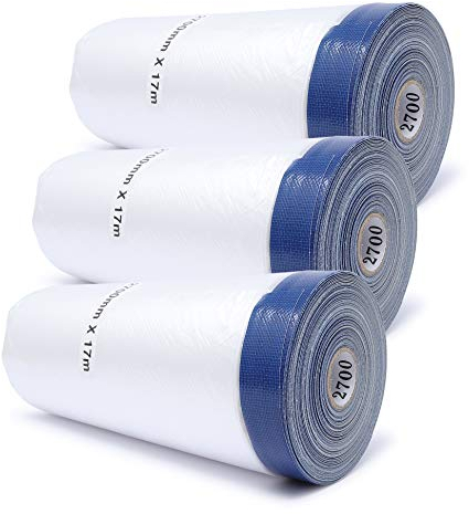 gws Abdeckfolie für Maler- und Gipsarbeiten, Malerfolie mit Klebeband, Maskerband mit starker Haftung & einfach entfernbar; 3 Rollen, 2700mm x 16m