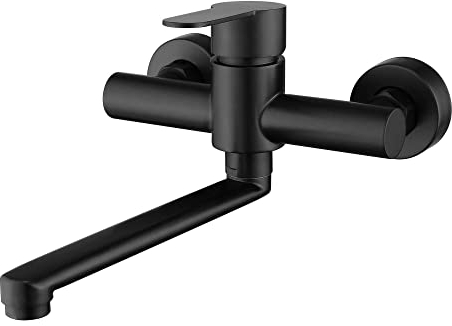HomeLava Robinet de Cuisine Mural Noir Mitigeur Evier pivotant à 360° Montage mural Encastré Monocommande en Acier Inoxydable Brossé Bec de 225 mm