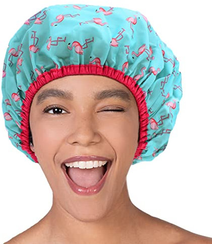 Reusable Shower & Bath Cap & Lined, Oversized Waterproof Shower Caps Large Designed for all Hair Lengths with PEVA Lining & Elastic Band Stretch Hem Hair Hat - Fashionista Flamingo Party