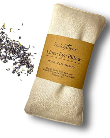 Sacksy Thyme Organic Linen Eye Pillow - Lavender & Flaxseed for Relaxation, Yoga, Stress Relief - Microwavable Heating Pad & Cool Compress - Made in USA - Gifts for Meditation - (Lavender)
