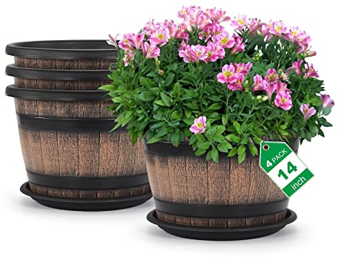 Quarut Large Plastic 4 Pack14 inch Plant Pots,Whiskey Barrel Planters with Drainage Holes & Saucer.Flower Pots Imitation Wine Barrel Design for Indoor & Outdoor Garden Balcony Plants.5 Gallons(Brown)