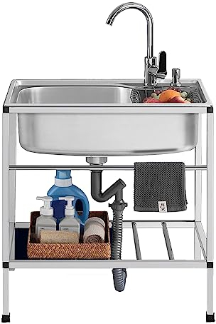 Mobiles Spültisch Freistehende Edelstahl Spültisch Gewerbliche Spülbecken Einzelschale Set mit Wasserhahn mit Ablauf-Set für Außen Innen Küche Restaurant(68cm/26.7in,Package A)