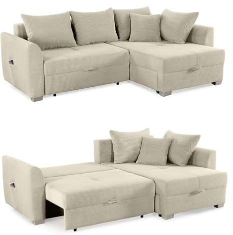 Cord Ecksofa B236/T160/H81 cm mit Schlaffunktion und Bettkasten, Tasche in der Armlehne, L-Couch mit Ottomane ausziehbar, links oder rechts montierbar, Bezug Cordstoff in Beige Grau / 15201