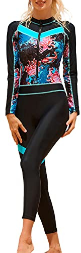 SEAUR Neoprene Wetsuit One Piece Women Front Zipper Rash Guard Long Sleeve UV Protection Swimsuit Full Body Diving Suit for Water Sport Bule M