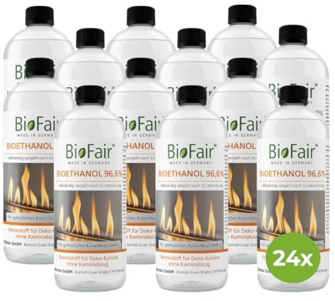 BioFair Bioethanol 96% für Ethanolkamin, Tisch- und Wandkamin, 24 x 1 Liter | Für Bioethanolkamin, Ethanol Tischkamin, Wandkamin Indoor, sofort einsatzbereit ohne Mischen; geruchs- und rußfrei