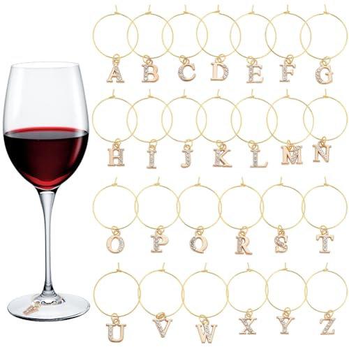 FREEBLOSS 26 Stück DIY Weinglas Anhänger Set, Strass Weinglas Anhänger, Buchstaben, Weinglas Marker, Getränke Marker Wein Charm Ringe, Wein Motto Partydekorationen Für Hochzeit, Feiertag