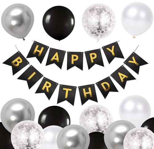 Luftballons Geburtstag Dekoration Set, Schwarz Silber Geburtstagsdeko Happy Birthday deko Banner Party Deko Geburtstag Set mit Schwarz Silber Latex Luftballons Konfetti Ballons(BK+ SR)
