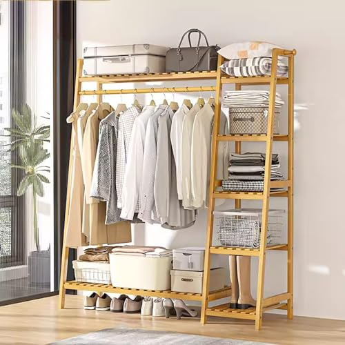 angrounps Schwerlast Kleiderständer aus Bambus, 3 in 1 Freistehender Garderobenständer mit 7 Regal und 2 Kleiderstange,Multifunktionale Garderobe für Wohnzimmer Flur 130x40x140cm
