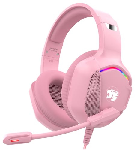 Gaming Headset with Microphone for Pc, Xbox One Series X/s, Ps4, Ps5, Switch, Stereo Wired Noise Cancelling Over-Ear Headphones with Mic, RGB, for Computer, Laptop, Mac, Nintendo, Gamer (Pink)