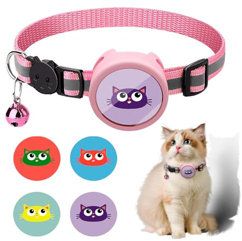 Hacintre Katzenhalsband Airtag Reflektierendes Mit Glocke, Name und Telefonnummer Können Angegeben Werden GPS Tracker Halsband Hülle Katze Verstellbar (Rosa X 1)