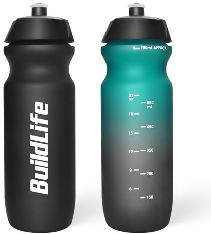 BuildLife Sport Water Bottle 2 Pack, 750ml Squeeze Bottle, BPA Free & Leak Proof Dishwasher Safe Cycling Bottles for Working Out, Fitness, Hiking, Outdoor Sports (Black+BlackGreen)