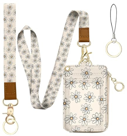Bolimoss Daisy Lanière pour cartes d'identité, clés, 2-en-1, joli motif de fleurs, porte-badge, portefeuille, simili cuir, carte, badge, protection