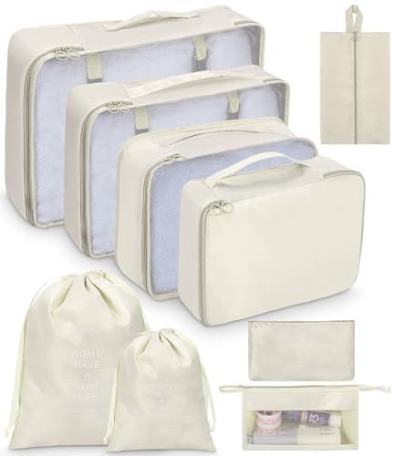 Cexovo Koffer Organizer 9 Stück Kleidertaschen Set Packing Cubes Koffer Organizer Set Kofferorganizer Packtaschen Set Travel Packwürfel mit Kleidertaschen Schuhbeutel Beige