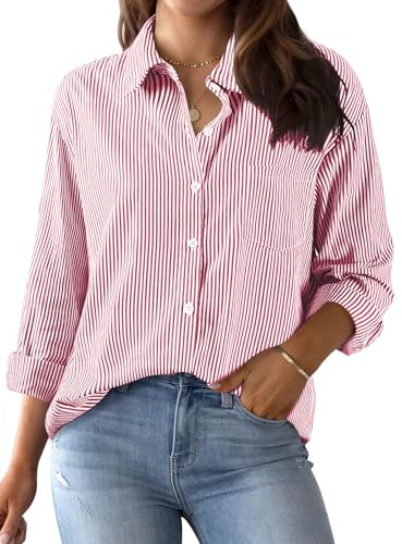 Lonya Camicia Donna Elegante a Maniche Lunghe Estiva Classica Blusa Collo V Button Down a Righe Casual Ufficio Camicette Rosso,XL