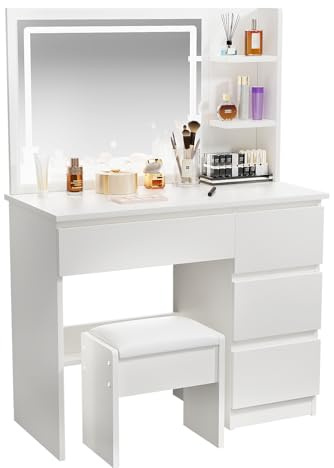 ZenkiHome Dressing Table with LED Mirror and Stool，100cm White Vanity Desk