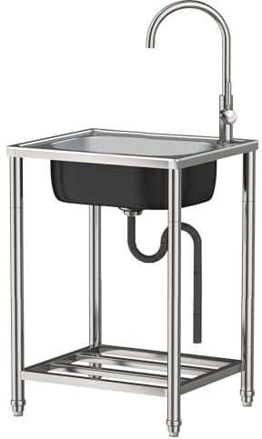 TYJZKJWQ Fregadero con Soporte,Fregadero con Base, Fregaderos de un Seno con grifos fríos y Calientes,Portatil Camping Fácil De Instalar Fregadero Exterior Jardin para Lavadero Patio Trasero Garaje