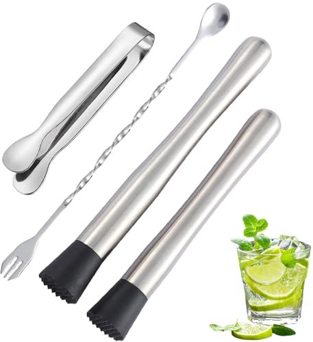4 Pcs Cocktail Muddler Set, Stainless Steel Mojito Kit with Bar Spoon and Ice Tongs, 10inch Muddler for Professional and Amateur Bartenders for Making & Creating Delicious Mojitos, Fruit Based Drinks