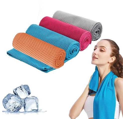 XcnPer Cooling Towels, 4 Pack Soft Breathable Cool Towels for Neck, Quick Dry Gym Towel, Ice Towels for Work Out Sports Travel, Orange/Light Blue/Rose Red/Light Grey